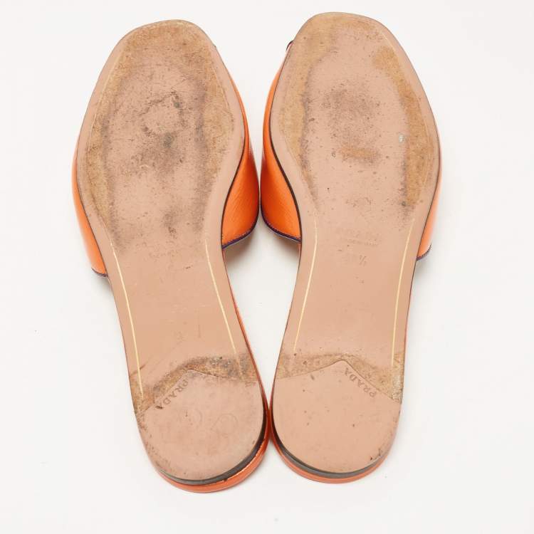 Pre Owned Prada Orange Patent Leather Flat Slides Size 38.5