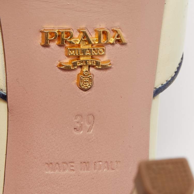 Pre Owned Prada Cream/Navy Blue Leather Cross Strap Slide Sandals Size 39