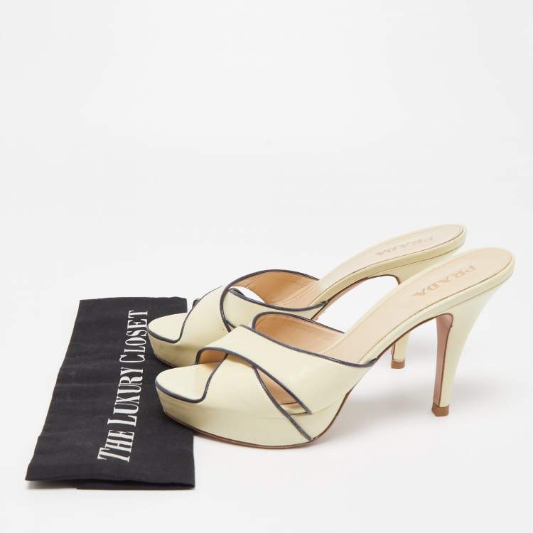 Pre Owned Prada Cream/Navy Blue Leather Cross Strap Slide Sandals Size 39
