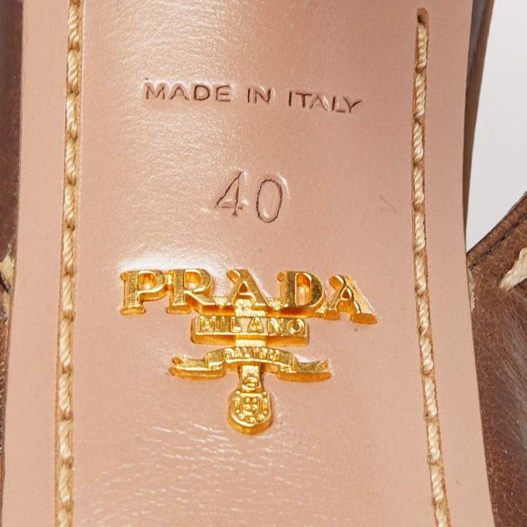 Pre Owned Prada Brown Leather Cross Strap Open Toe Cork Platform Slingback Sandals Size 40