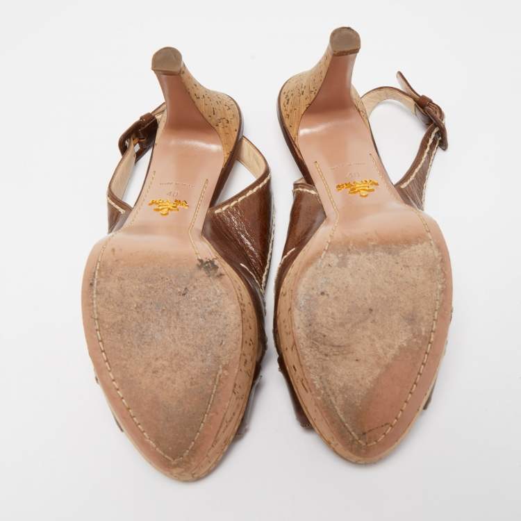 Pre Owned Prada Brown Leather Cross Strap Open Toe Cork Platform Slingback Sandals Size 40