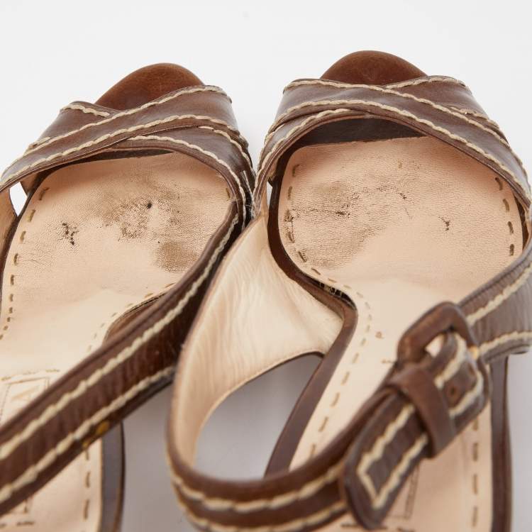 Pre Owned Prada Brown Leather Cross Strap Open Toe Cork Platform Slingback Sandals Size 40