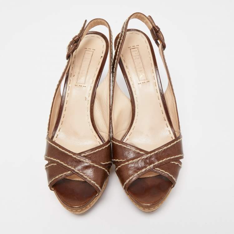 Pre Owned Prada Brown Leather Cross Strap Open Toe Cork Platform Slingback Sandals Size 40