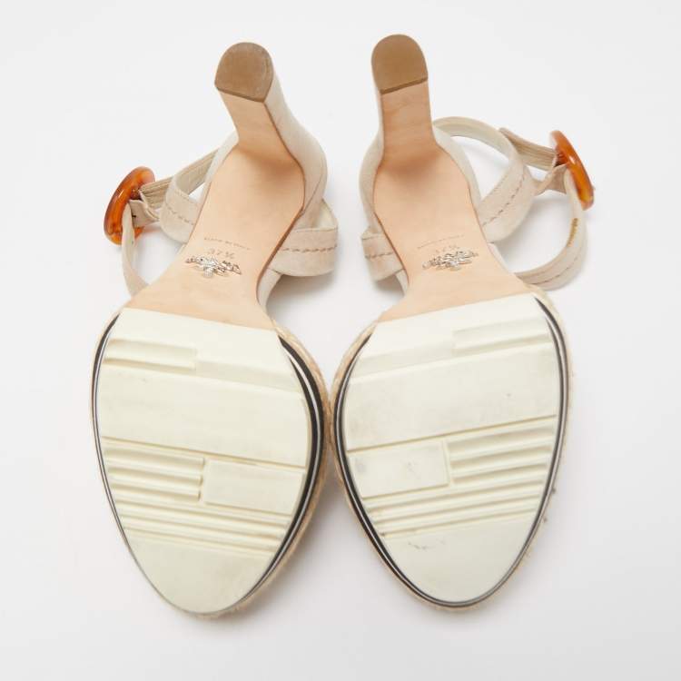 Pre Owned Prada Light Grey Suede Platform Ankle Strap Espadrille Sandals Size 37.5