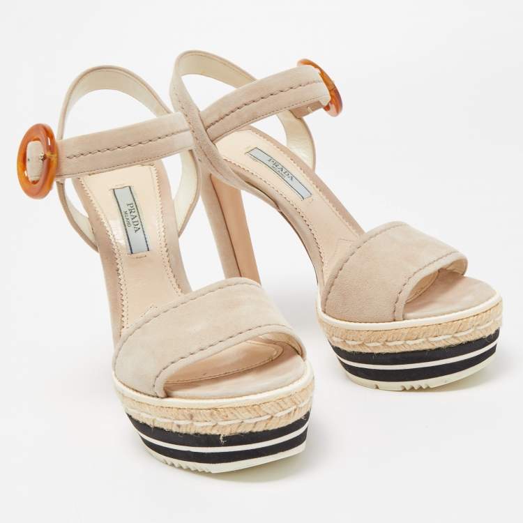 Pre Owned Prada Light Grey Suede Platform Ankle Strap Espadrille Sandals Size 37.5