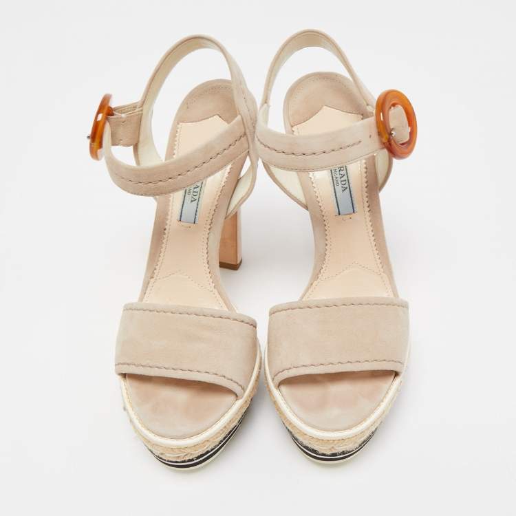 Pre Owned Prada Light Grey Suede Platform Ankle Strap Espadrille Sandals Size 37.5