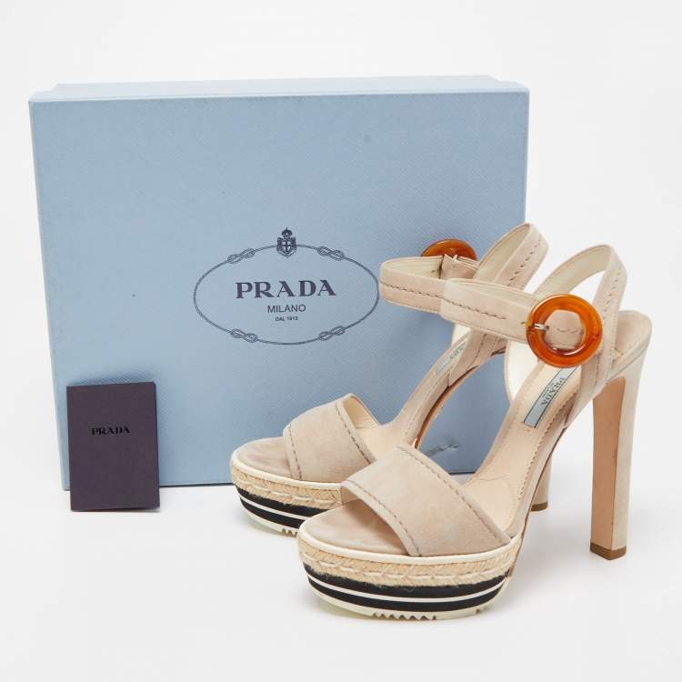 Pre Owned Prada Light Grey Suede Platform Ankle Strap Espadrille Sandals Size 37.5
