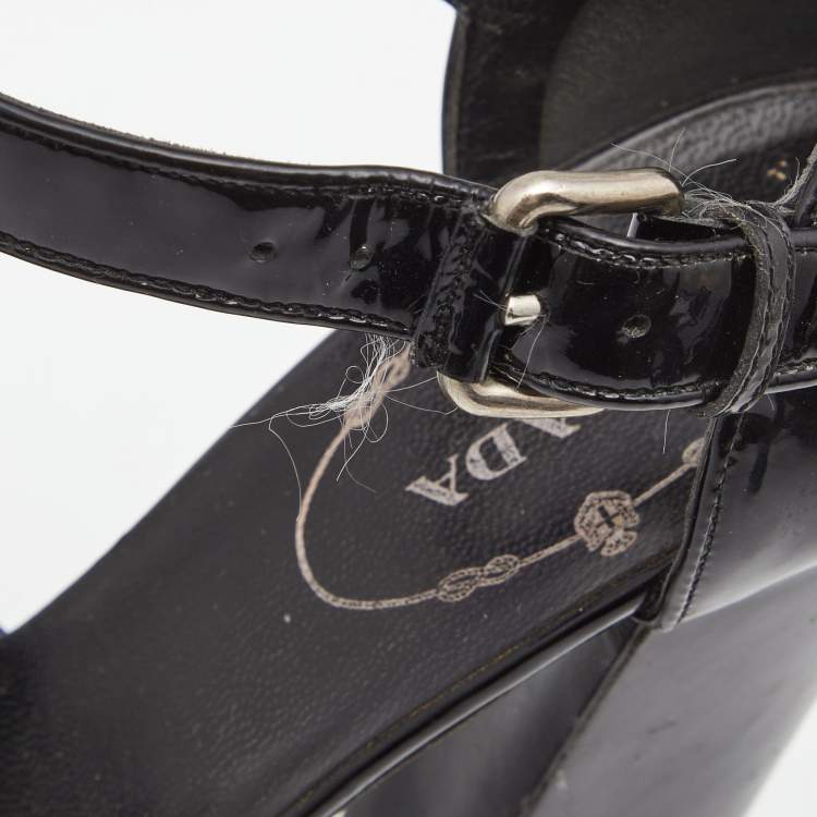 Pre Owned Prada Black Patent Leather Ankle Strap Platform Pumps Size 36