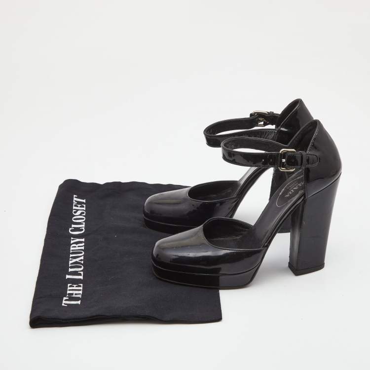 Pre Owned Prada Black Patent Leather Ankle Strap Platform Pumps Size 36
