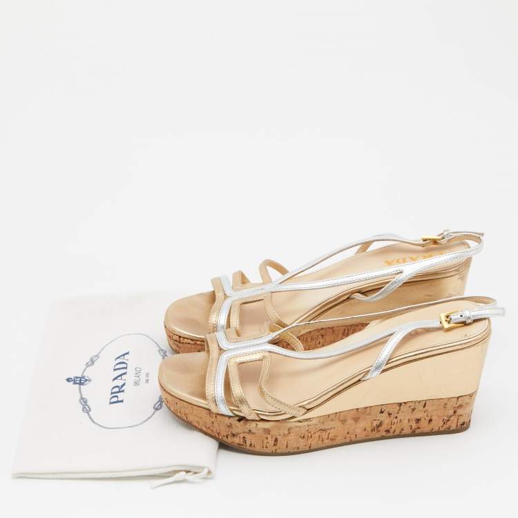 Pre Owned Prada Gold/Silver Leather Slingback Platform Wedge Sandals Size 36