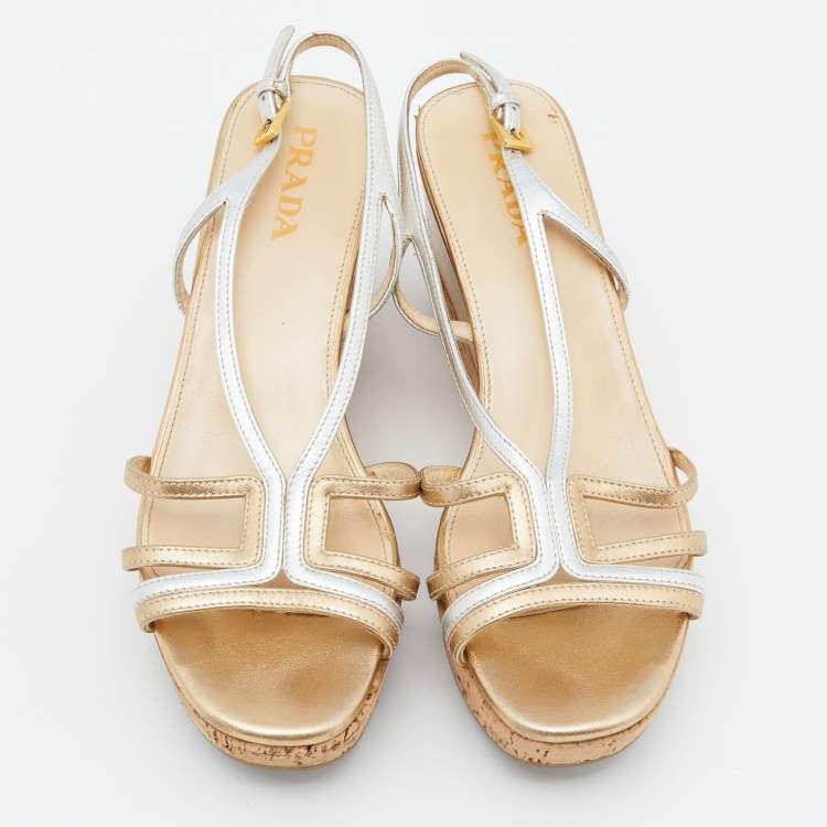 Pre Owned Prada Gold/Silver Leather Slingback Platform Wedge Sandals Size 36