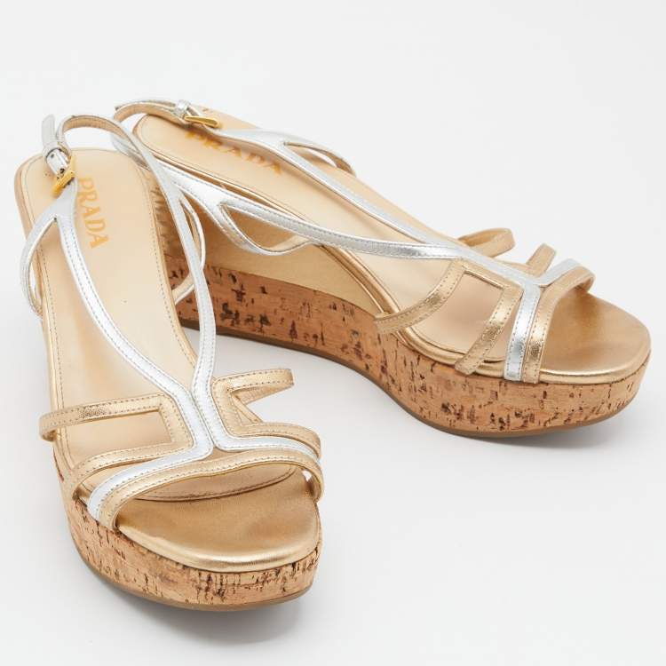 Pre Owned Prada Gold/Silver Leather Slingback Platform Wedge Sandals Size 36