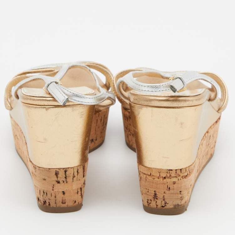 Pre Owned Prada Gold/Silver Leather Slingback Platform Wedge Sandals Size 36