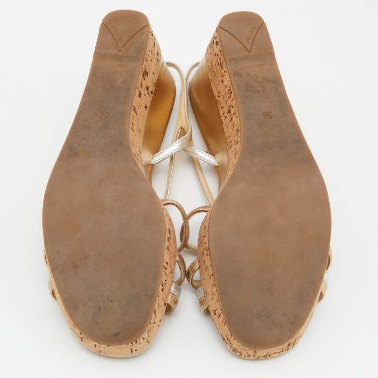 Pre Owned Prada Gold/Silver Leather Slingback Platform Wedge Sandals Size 36