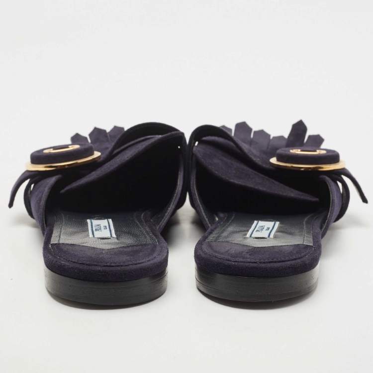 Pre Owned Prada Navy Blue Suede Fringe Details Flat Mules Size 40