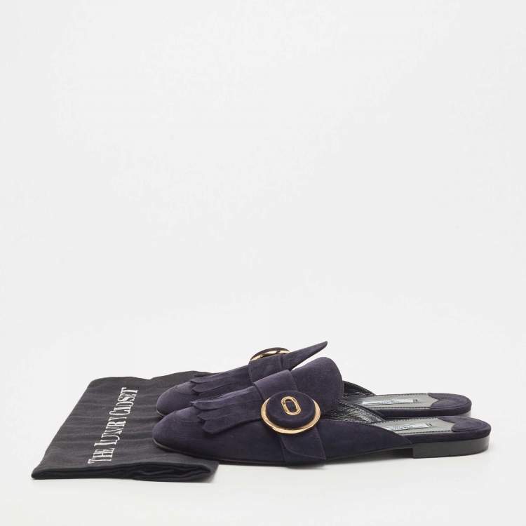 Pre Owned Prada Navy Blue Suede Fringe Details Flat Mules Size 40
