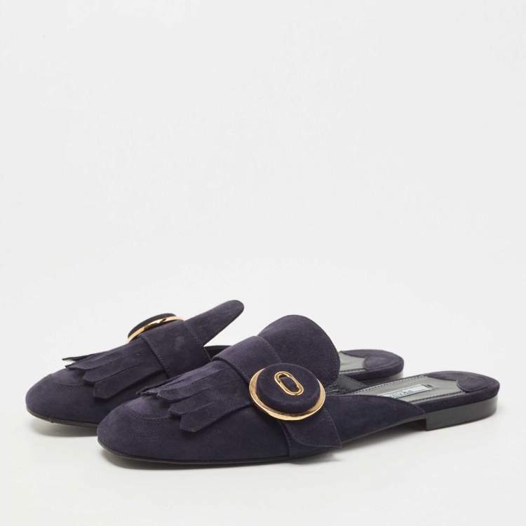 Pre Owned Prada Navy Blue Suede Fringe Details Flat Mules Size 40