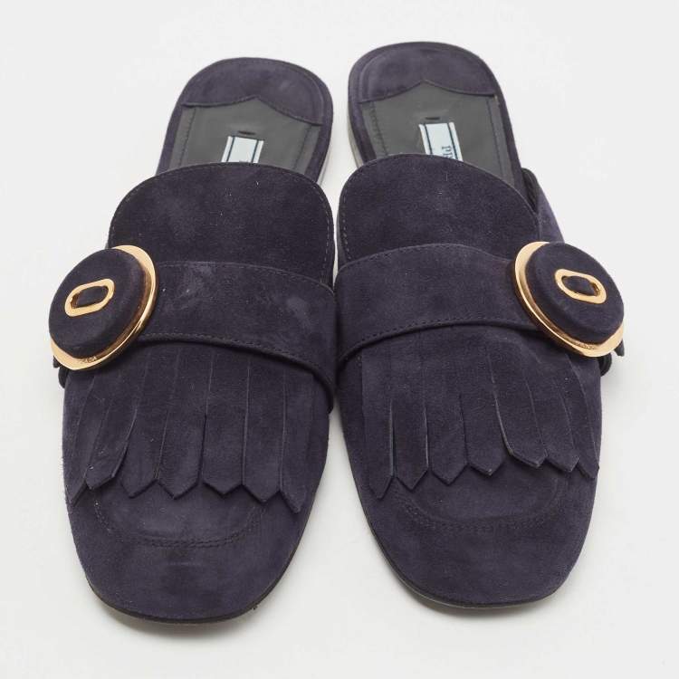 Pre Owned Prada Navy Blue Suede Fringe Details Flat Mules Size 40