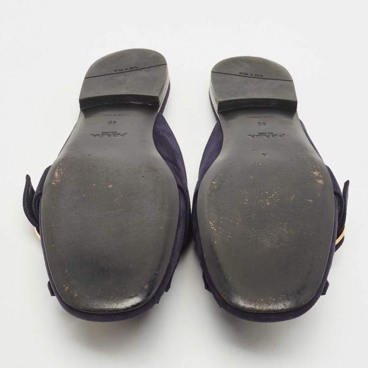 Pre Owned Prada Navy Blue Suede Fringe Details Flat Mules Size 40