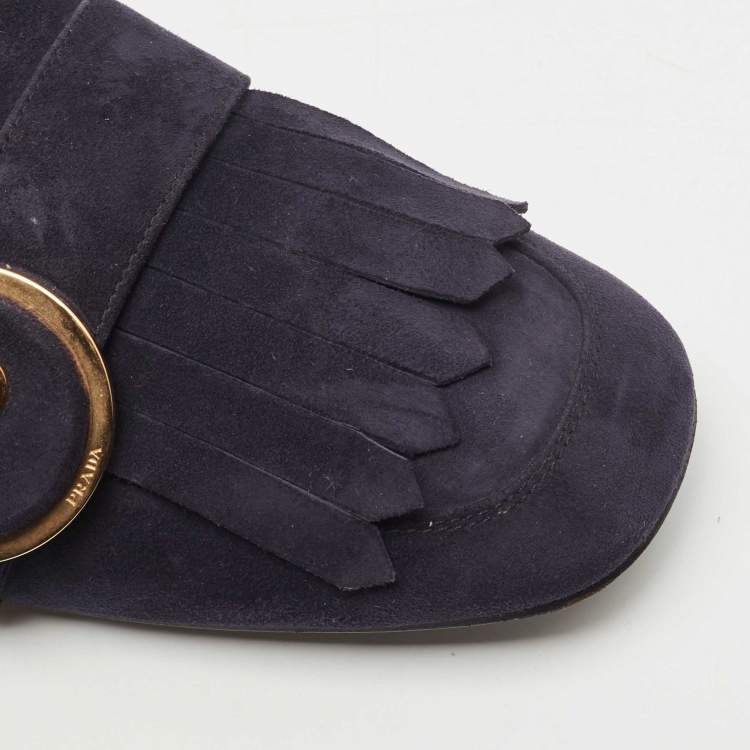 Pre Owned Prada Navy Blue Suede Fringe Details Flat Mules Size 40