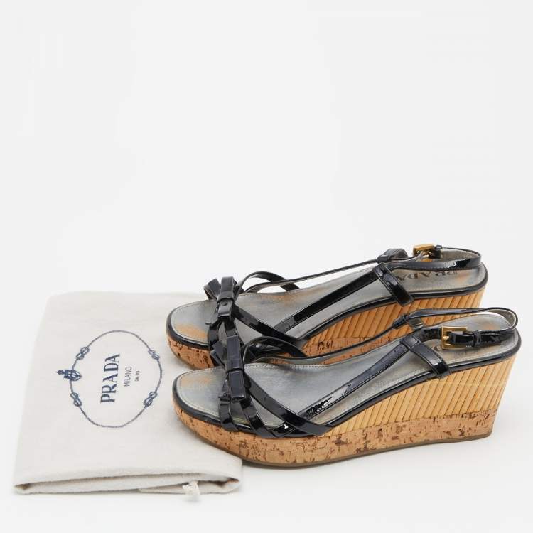 Pre Owned Prada Black Patent Leather Strappy Bow Platform Wedge Sandals Size 36