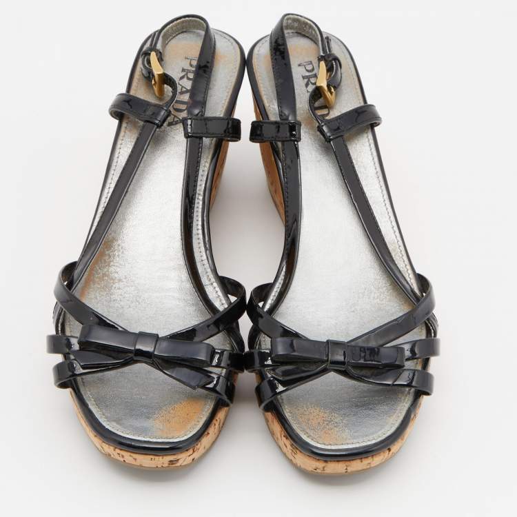 Pre Owned Prada Black Patent Leather Strappy Bow Platform Wedge Sandals Size 36
