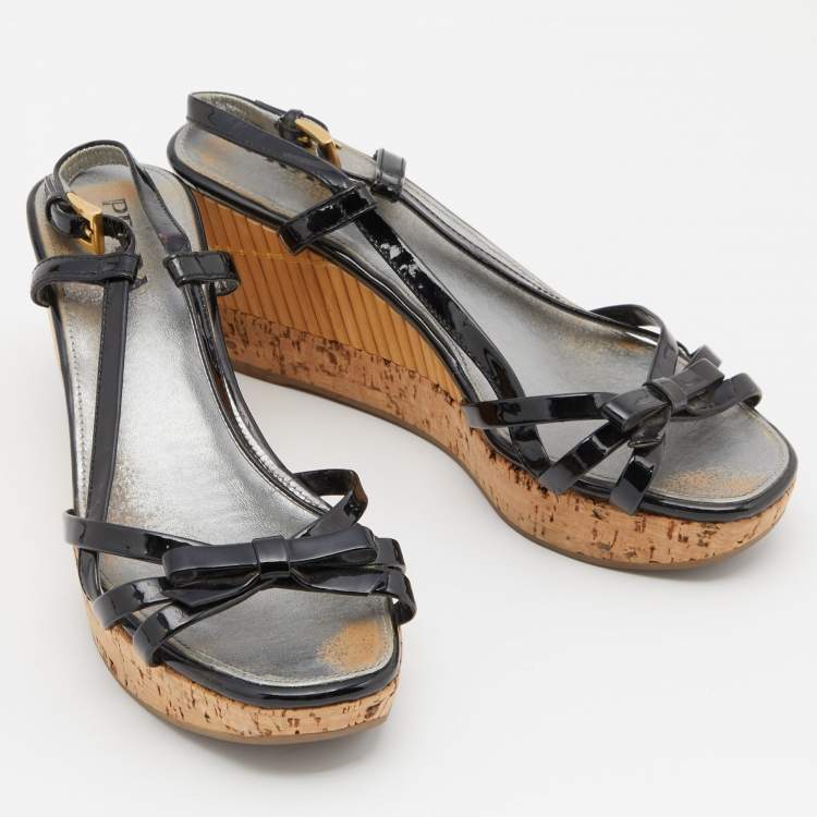 Pre Owned Prada Black Patent Leather Strappy Bow Platform Wedge Sandals Size 36