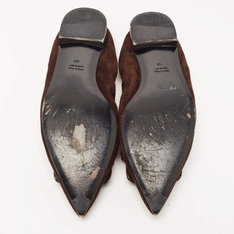 Pre Owned Prada Brown Suede Bow Zip Scrunch Ballet Flats Size 40