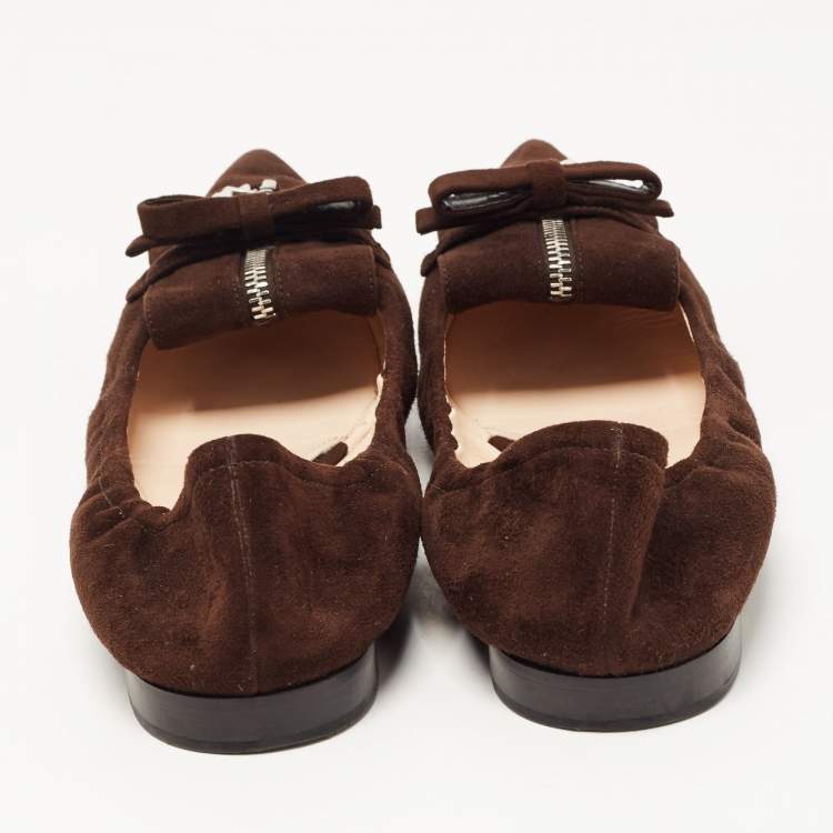 Pre Owned Prada Brown Suede Bow Zip Scrunch Ballet Flats Size 40
