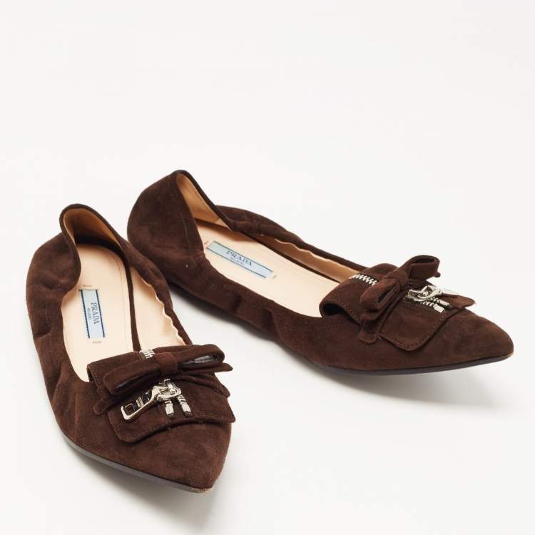 Pre Owned Prada Brown Suede Bow Zip Scrunch Ballet Flats Size 40