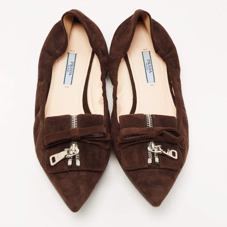 Pre Owned Prada Brown Suede Bow Zip Scrunch Ballet Flats Size 40