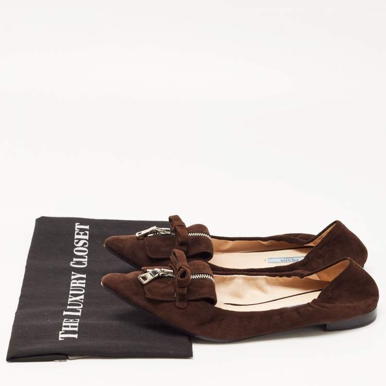 Pre Owned Prada Brown Suede Bow Zip Scrunch Ballet Flats Size 40