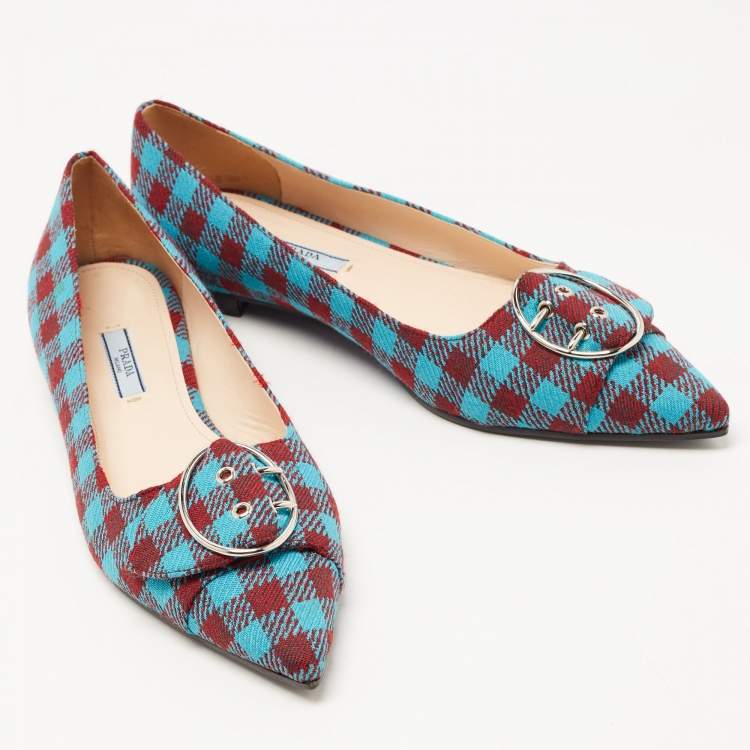 Pre Owned Prada Brown/Blue Fabric Check Buckle Detail Ballet Flats Size 40