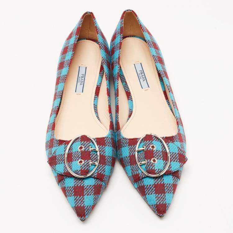 Pre Owned Prada Brown/Blue Fabric Check Buckle Detail Ballet Flats Size 40