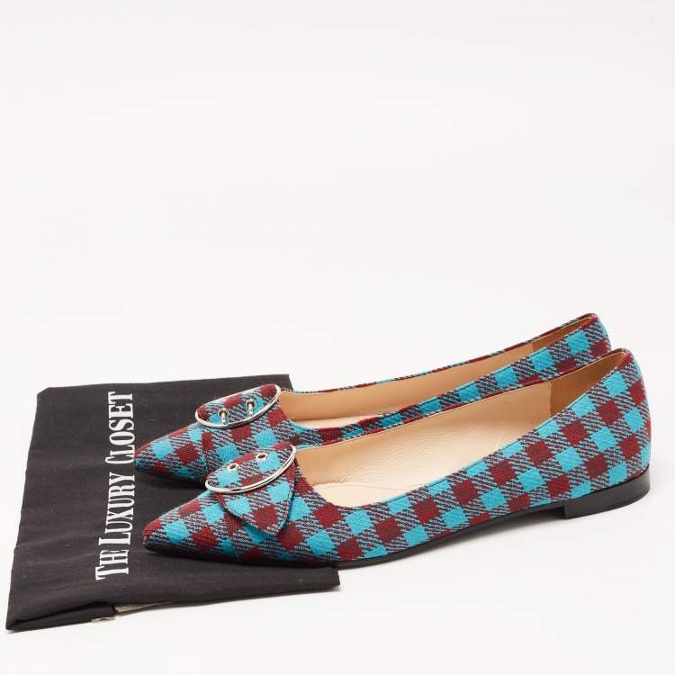 Pre Owned Prada Brown/Blue Fabric Check Buckle Detail Ballet Flats Size 40