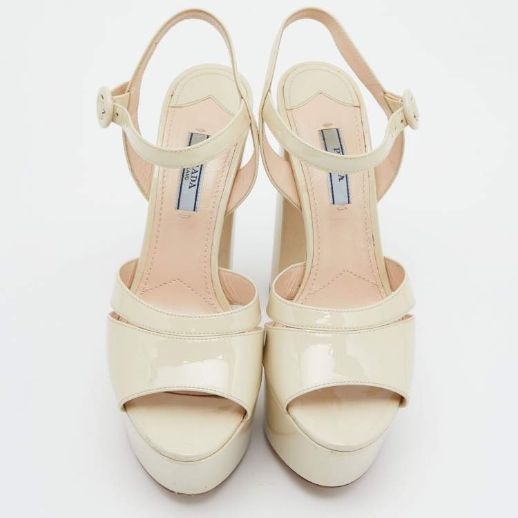 Pre Owned Prada Off White Patent Leather Ankle Strap Block Heel Platform Sandals Size 38.5