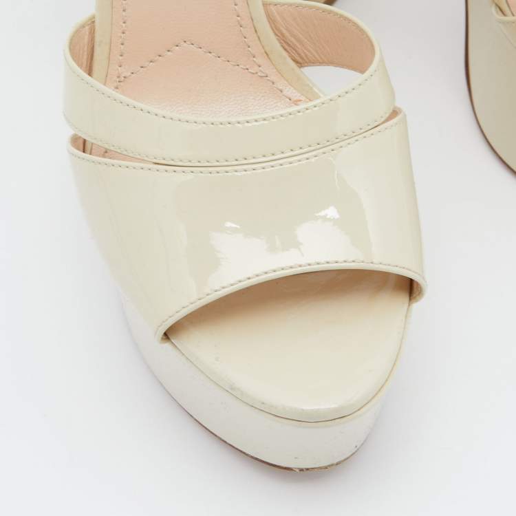 Pre Owned Prada Off White Patent Leather Ankle Strap Block Heel Platform Sandals Size 38.5