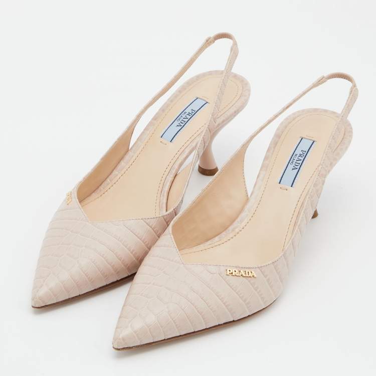 Pre Owned Prada Pink Croc Embossed Leather Pointed Toe Slingback Pumps Size 37.5