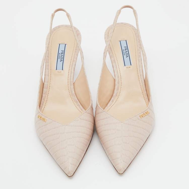Pre Owned Prada Pink Croc Embossed Leather Pointed Toe Slingback Pumps Size 37.5