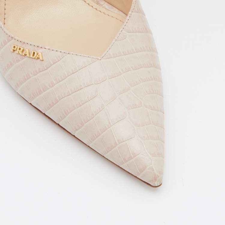 Pre Owned Prada Pink Croc Embossed Leather Pointed Toe Slingback Pumps Size 37.5
