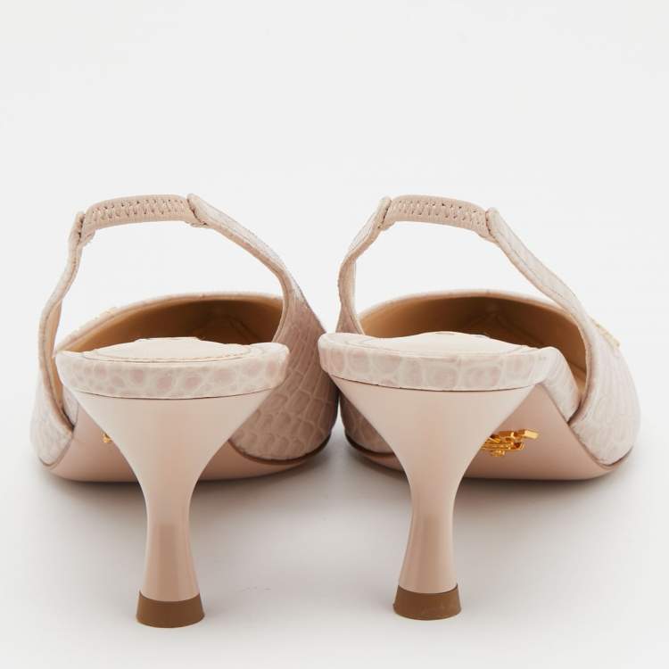 Pre Owned Prada Pink Croc Embossed Leather Pointed Toe Slingback Pumps Size 37.5