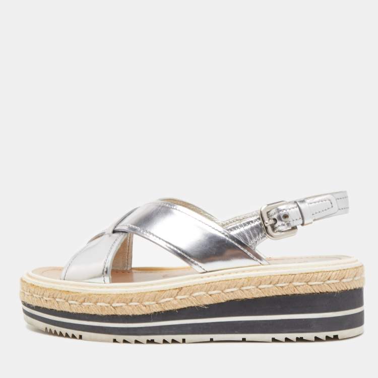 Pre Owned Prada Silver Leather Platform Slingback Sandals Size 36.5