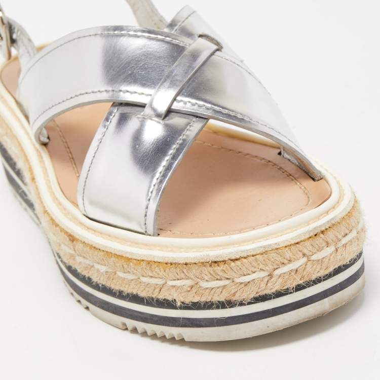 Pre Owned Prada Silver Leather Platform Slingback Sandals Size 36.5