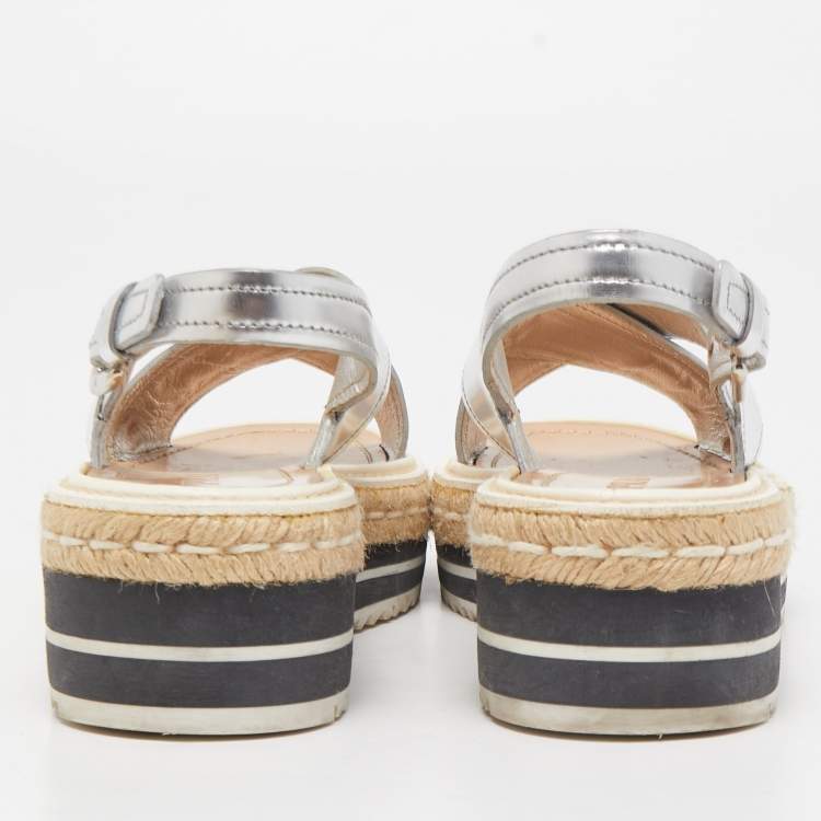 Pre Owned Prada Silver Leather Platform Slingback Sandals Size 36.5