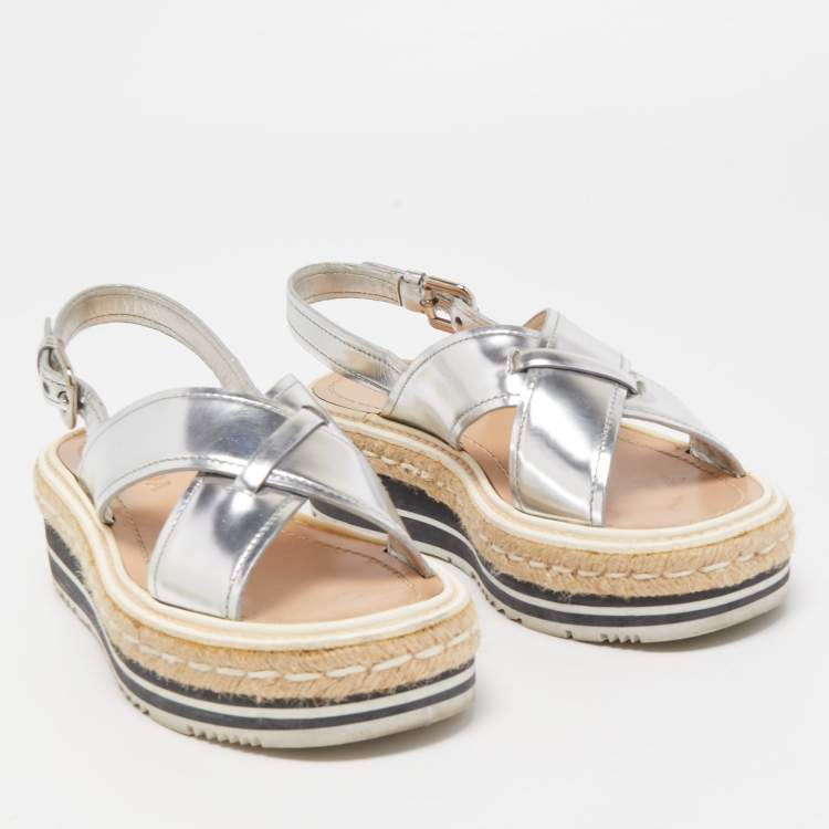 Pre Owned Prada Silver Leather Platform Slingback Sandals Size 36.5