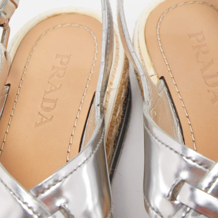 Pre Owned Prada Silver Leather Platform Slingback Sandals Size 36.5