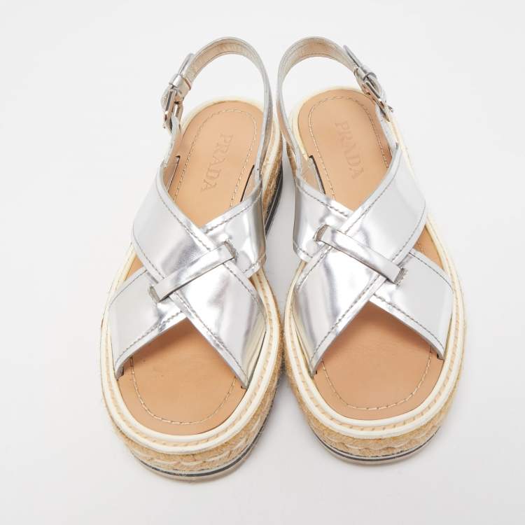 Pre Owned Prada Silver Leather Platform Slingback Sandals Size 36.5