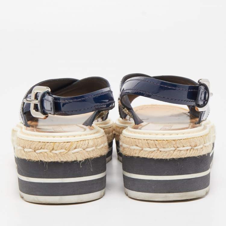 Pre Owned Prada Navy Blue Patent Leather Platform Slingback Sandals Size 36.5
