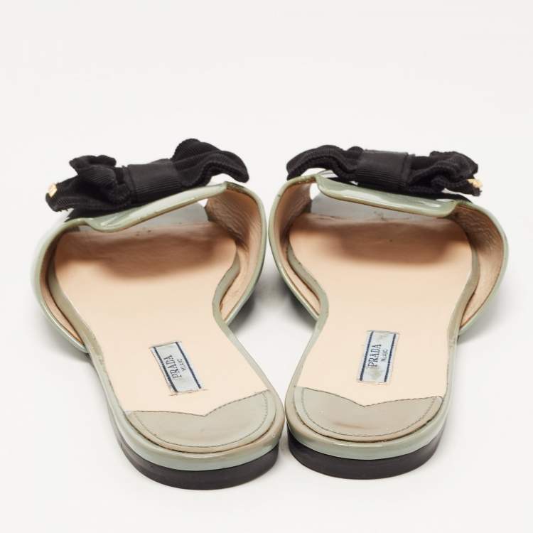 Pre Owned Prada Green Patent Leather and Canvas Bow Flat Slides Size 41