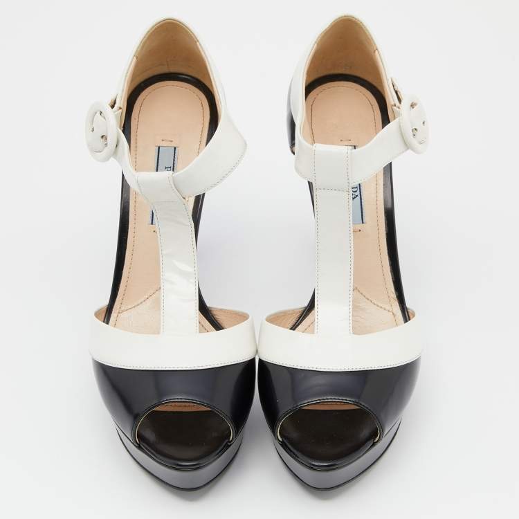 Pre Owned Prada Black/White Leather Open Toe T-Strap Platform Sandals Size 38